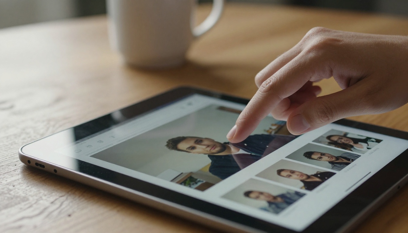 Close-up of hands uploading a reference selfie photo on a tablet, warm window light from the left