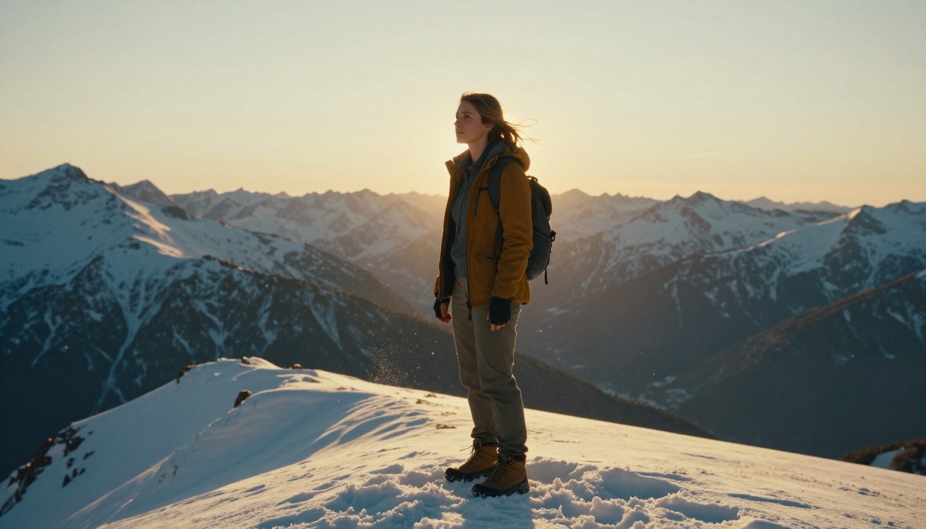 Young woman standing on a dramatic snow-capped mountain ridge at golden hour, cinematic AI video scene