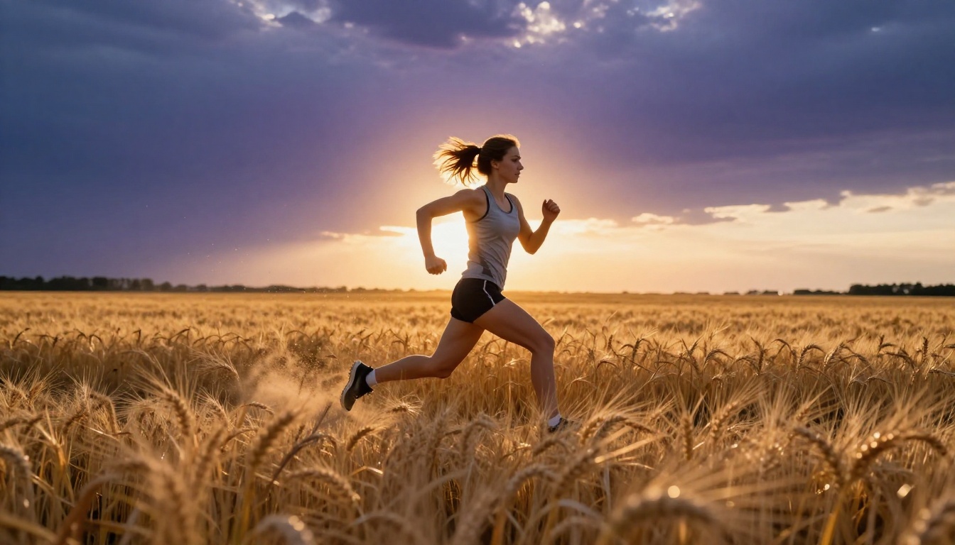 A young athlete running across a golden wheat field at sunset with backlight