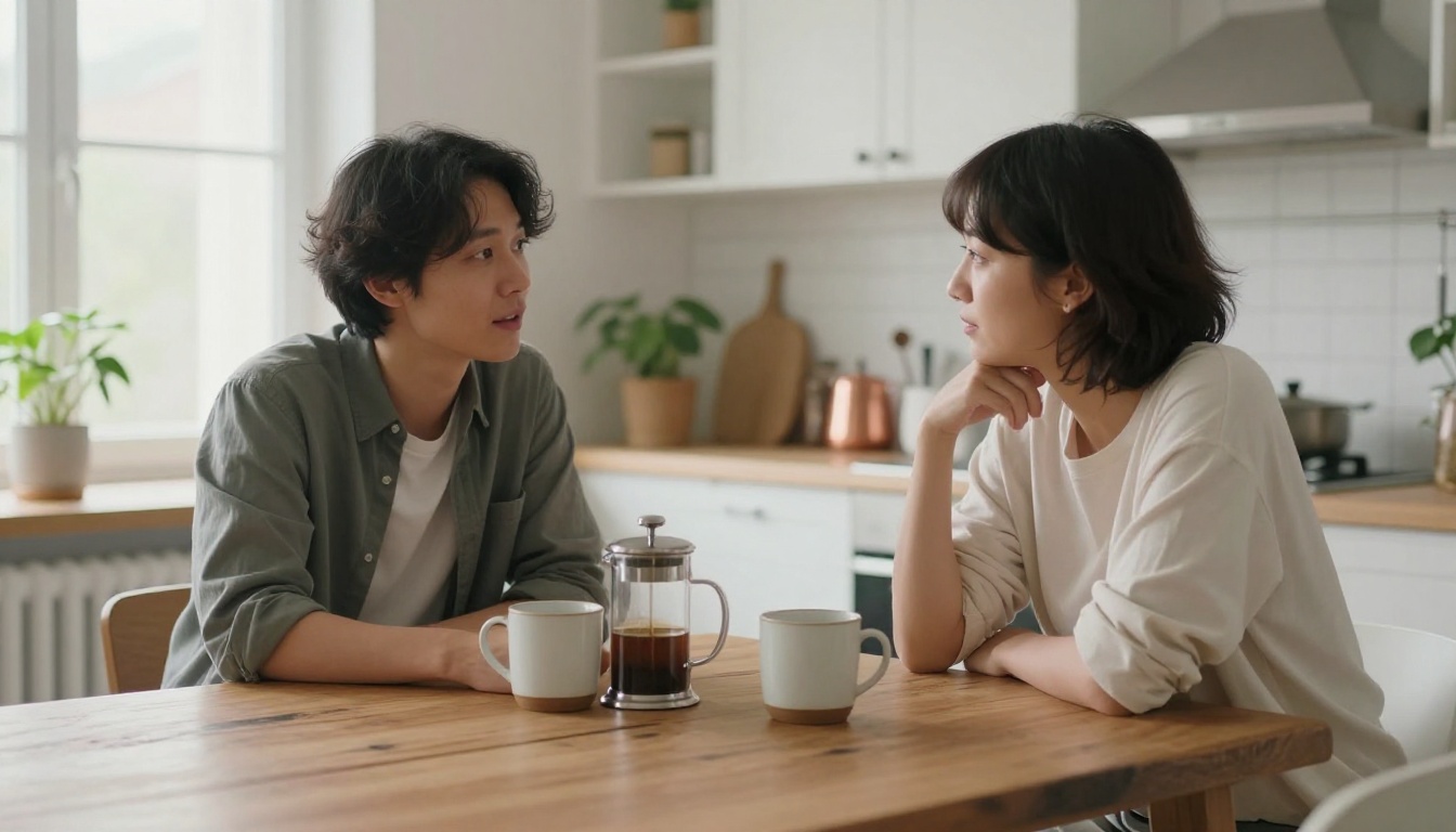 Two people in genuine conversation at a sunlit Scandinavian kitchen table Two people in genuine conversation at a sunlit Scandinavian kitchen table