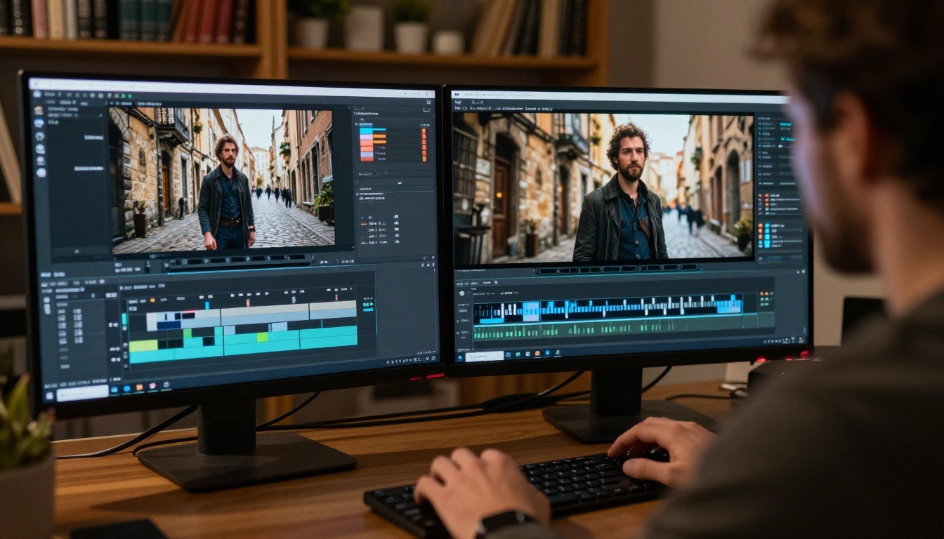 Person editing an AI video at a dual-monitor workstation, their own face visible in the video timeline
