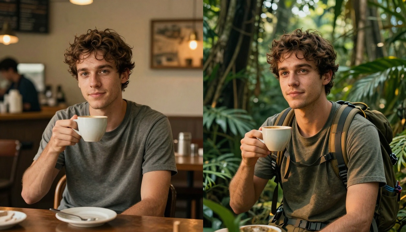 Before and after: the same person in a casual coffee shop photo versus appearing in a cinematic jungle scene