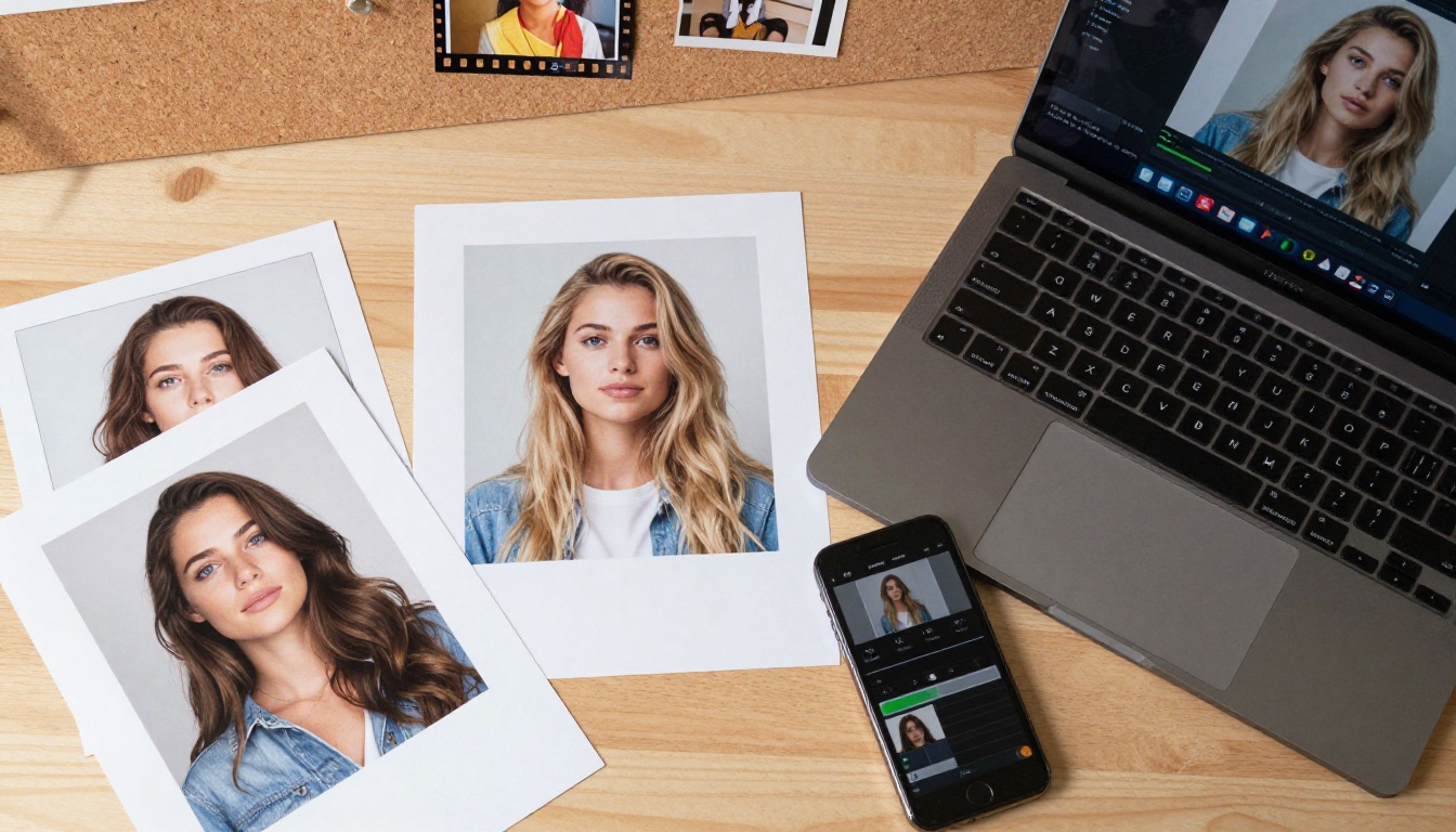 Aerial overhead shot of a creative workspace with reference portraits, laptop showing AI video generation progress Aerial overhead shot of a creative workspace with reference portraits, laptop showing AI video generation progress