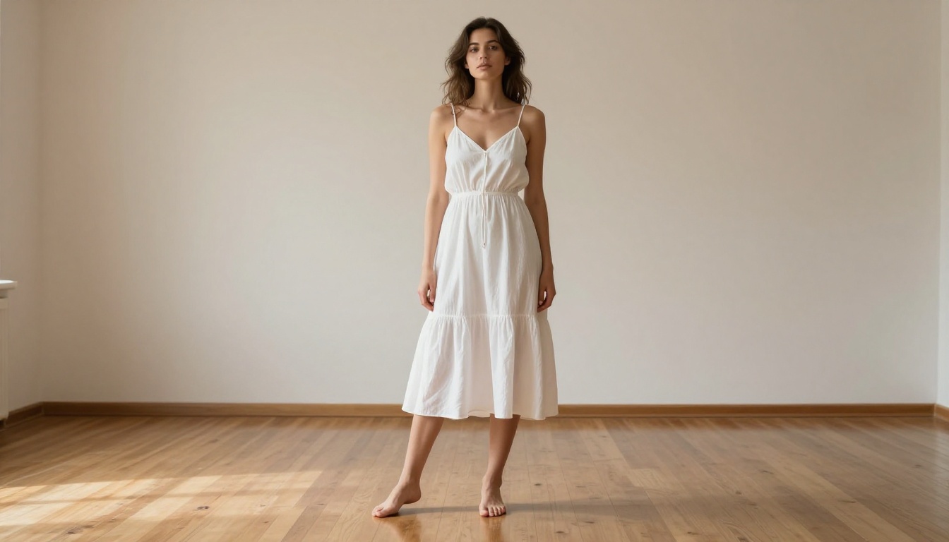 Confident woman in white dress photographed low-angle in a bright minimalist studio with warm even lighting Confident woman in white dress photographed low-angle in a bright minimalist studio with warm even lighting
