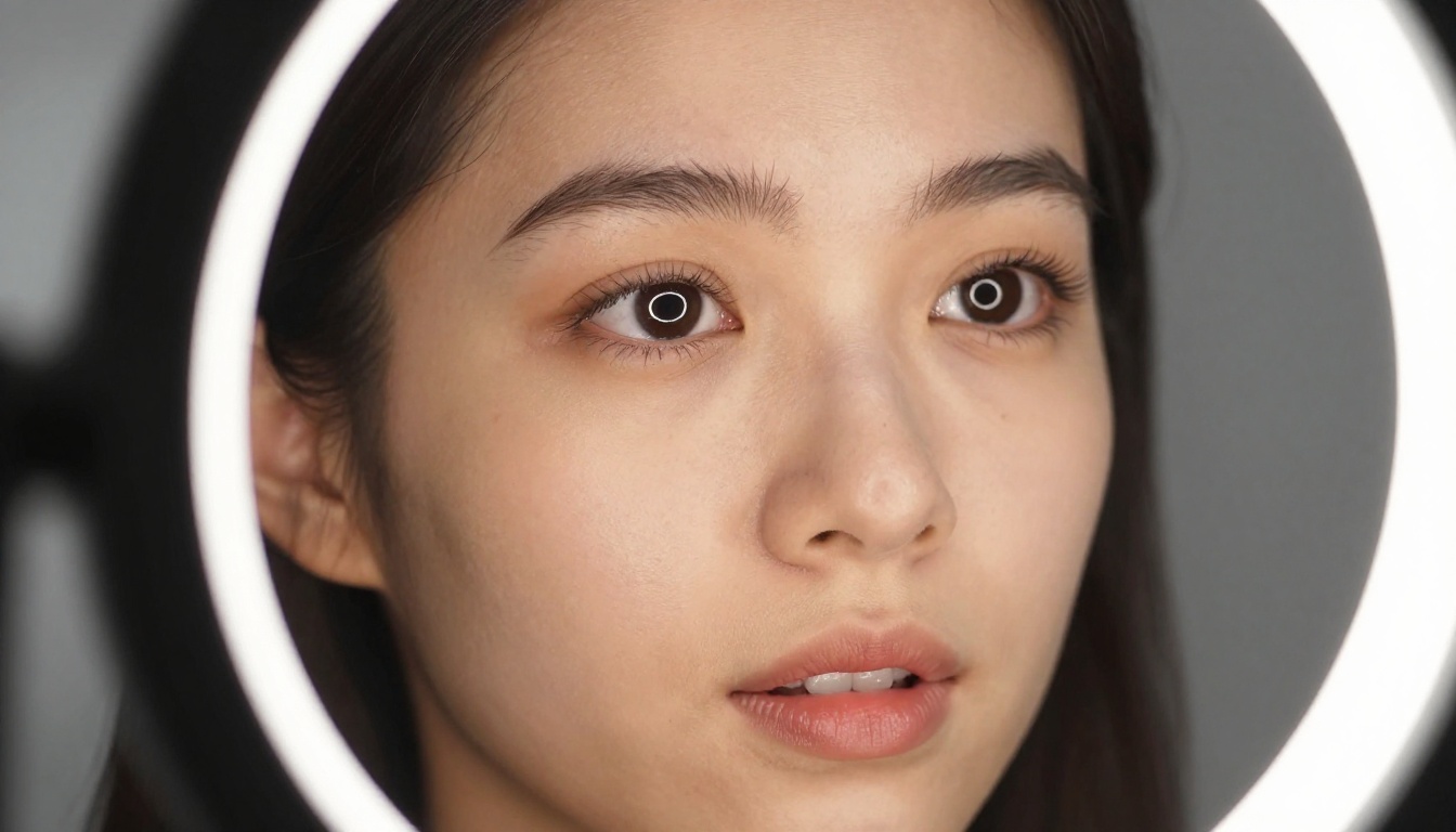 Close-up portrait of a woman lit by a ring light, preparing to record a reference video for AI generation Close-up portrait of a woman lit by a ring light, preparing to record a reference video for AI generation