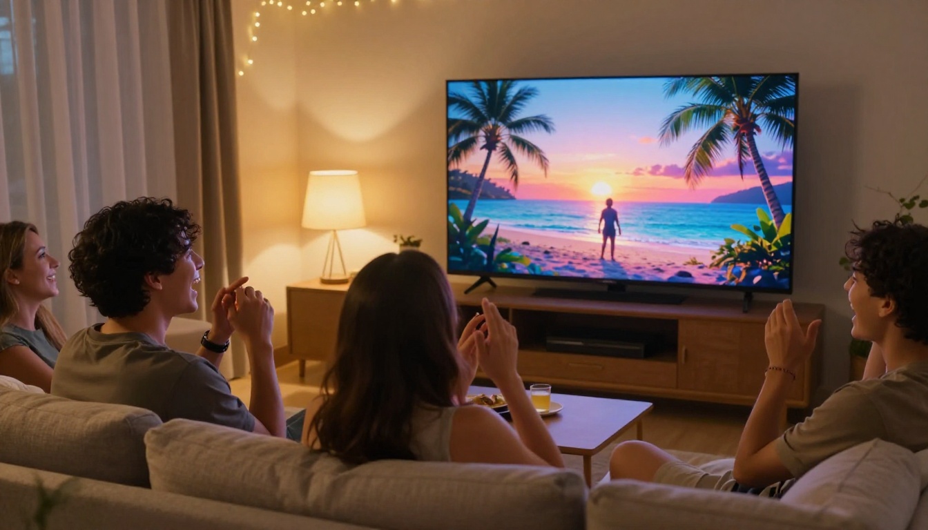 Friends laughing together watching an AI-generated personalized video of one of them on a living room TV Friends laughing together watching an AI-generated personalized video of one of them on a living room TV