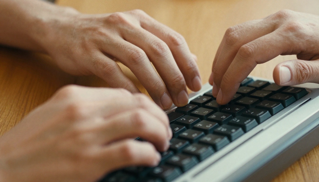 Hands typing on a mechanical keyboard at a warm morning desk