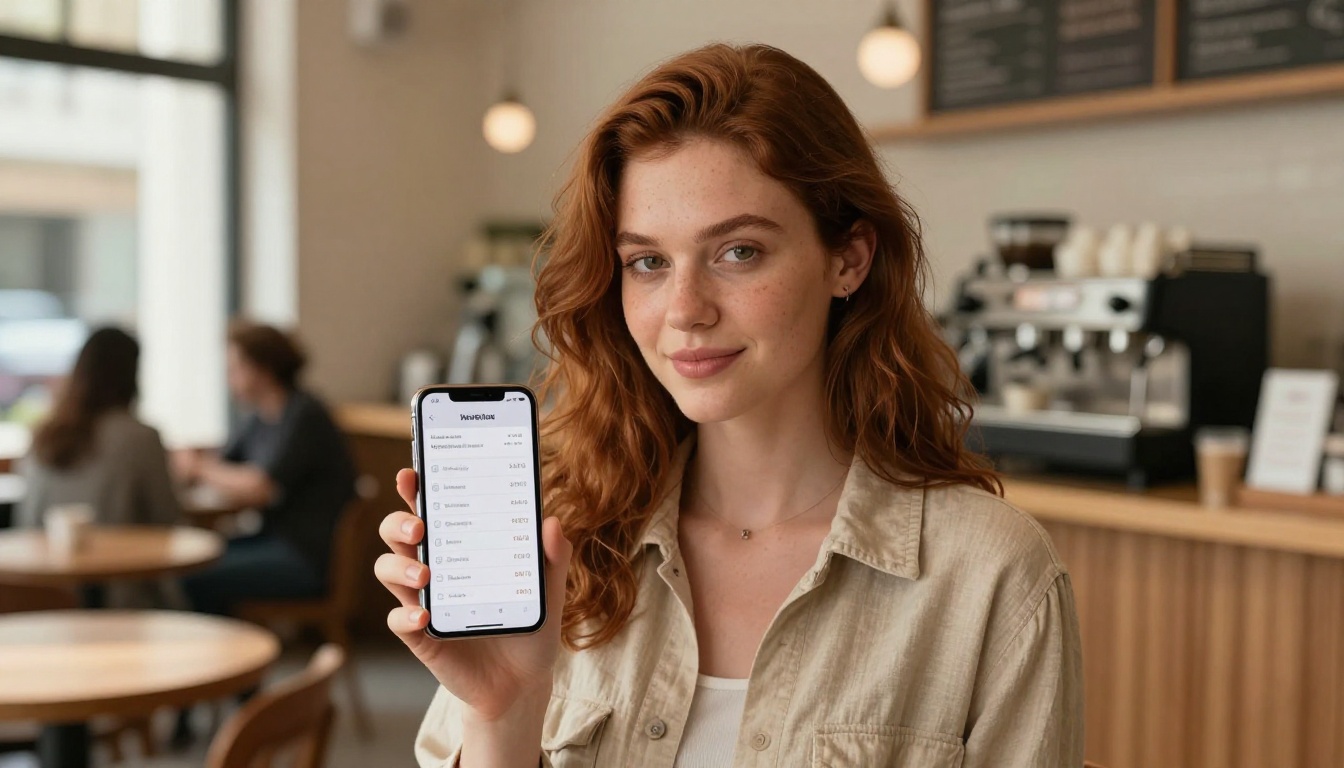 Young woman checking a subscription pricing screen on her phone in a coffee shop