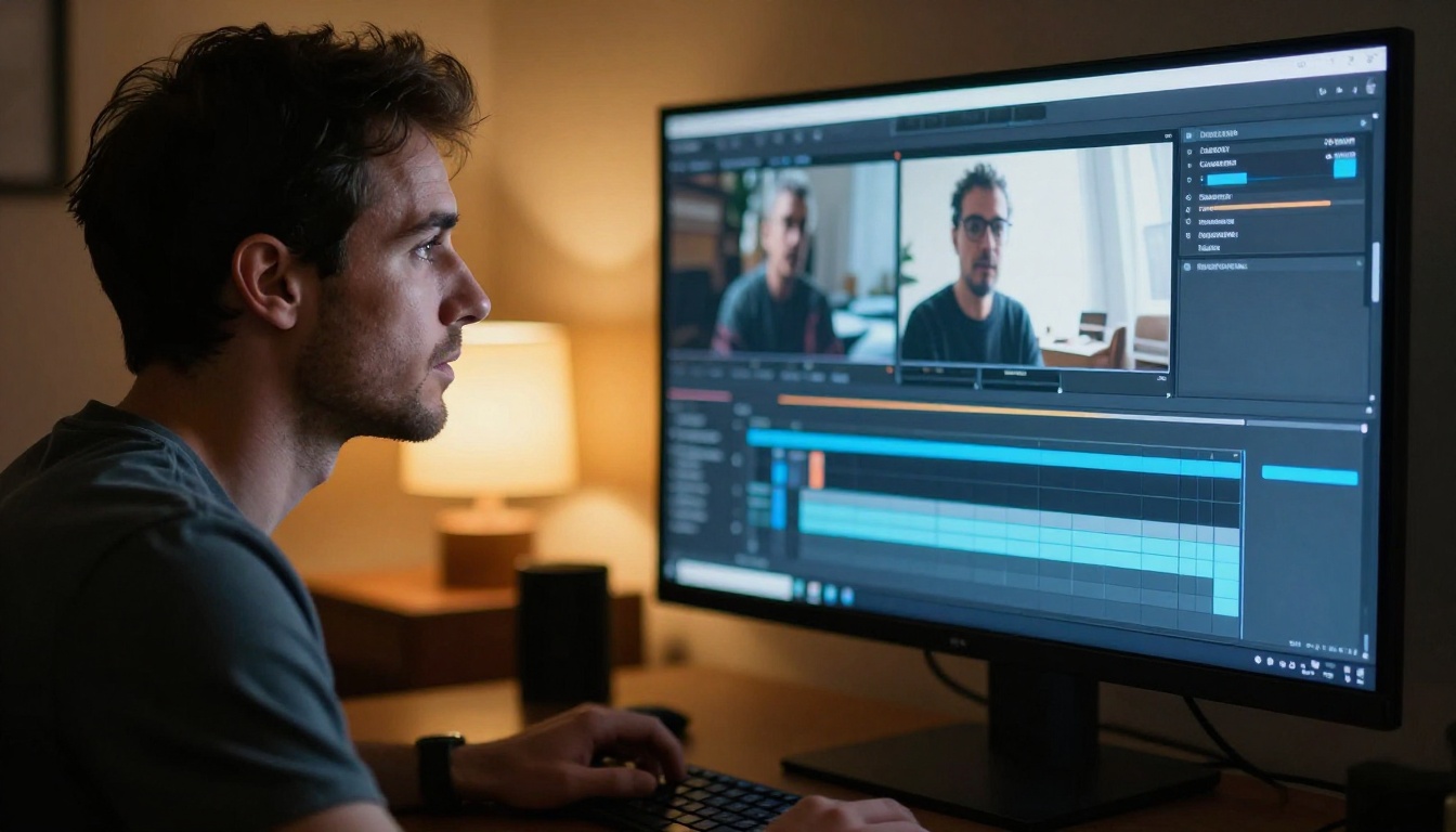 Creative professional reviewing AI video footage on a large monitor in a dim studio