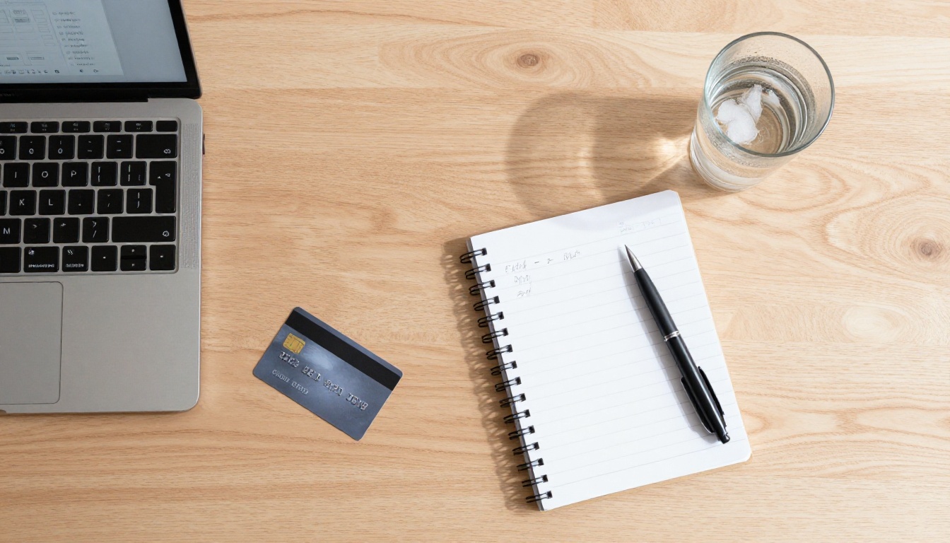 Flat-lay aerial view of a minimal desk with laptop, credit card, notebook and water glass