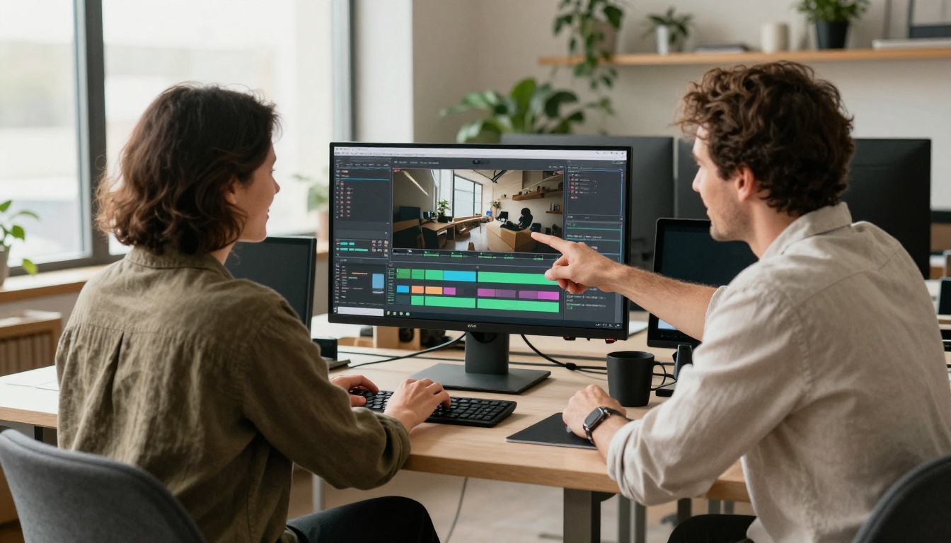 Two creative professionals reviewing video footage on a widescreen monitor in a bright studio Two creative professionals reviewing video footage on a widescreen monitor in a bright studio