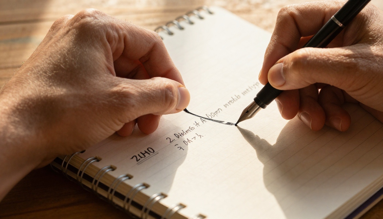Close-up of a hand writing plan comparison notes in a spiral notebook with a rollerball pen Close-up of a hand writing plan comparison notes in a spiral notebook with a rollerball pen