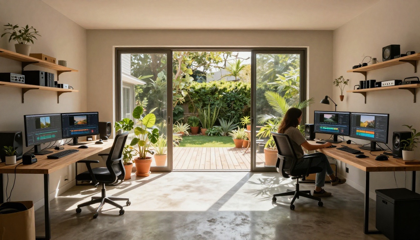 Wide-angle interior of a modern creative studio with multiple monitors and warm sunlight through open glass doors Wide-angle interior of a modern creative studio with multiple monitors and warm sunlight through open glass doors