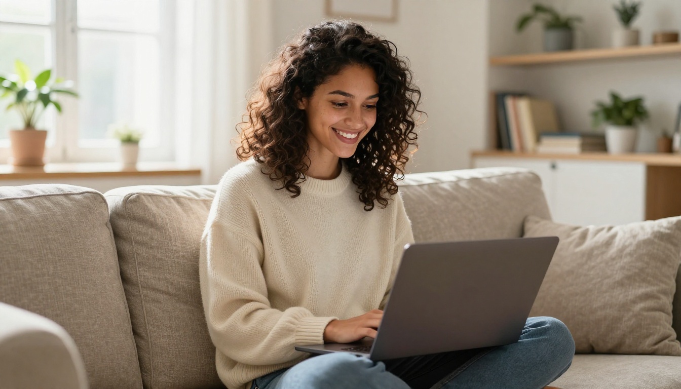 Young woman with curly hair smiling at her laptop on a linen sofa in a bright Scandinavian apartment Young woman with curly hair smiling at her laptop on a linen sofa in a bright Scandinavian apartment