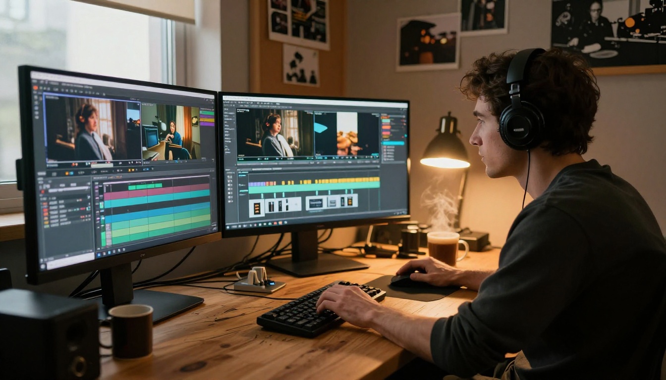 AI video editing workstation in studio