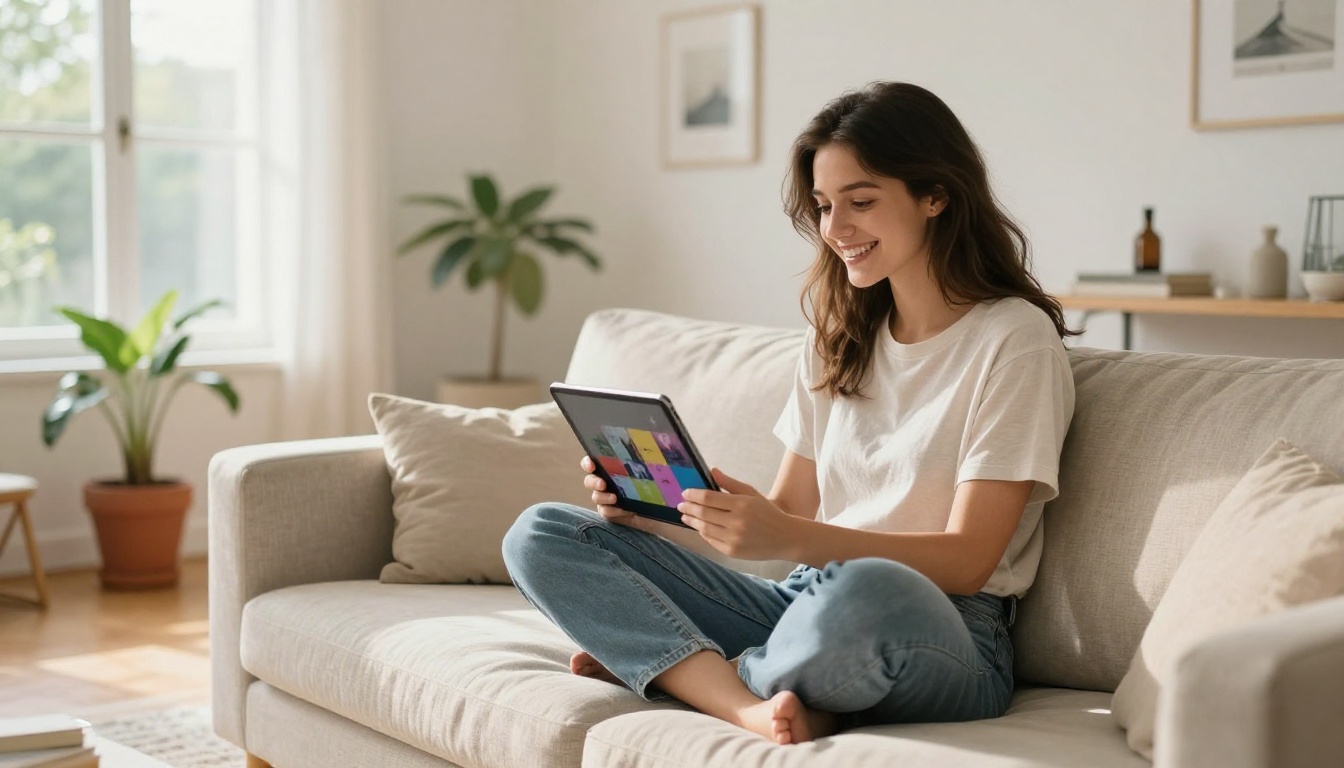 Woman relaxing on sofa with tablet viewing video content Woman relaxing on sofa with tablet viewing video content