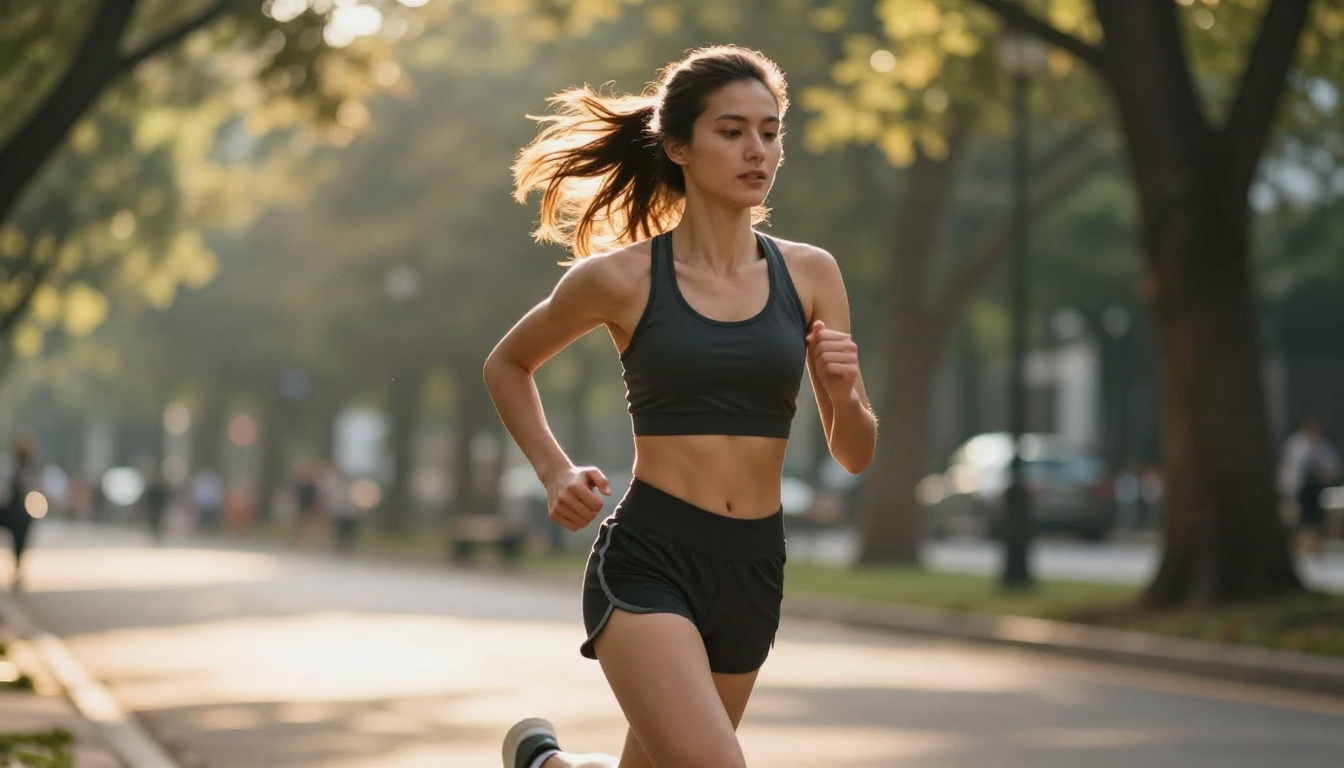 Athletic woman running in sunlit urban park Athletic woman running in sunlit urban park