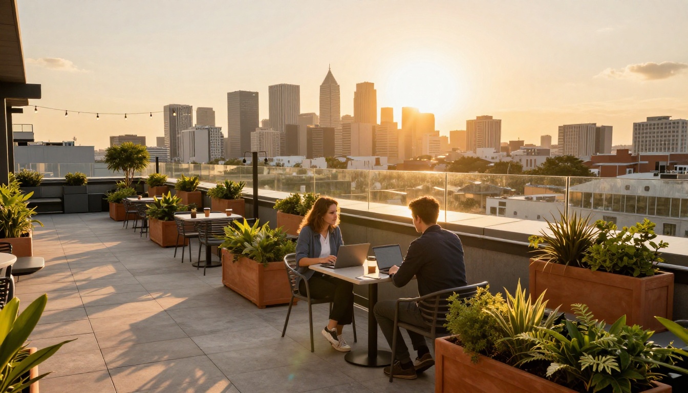 Rooftop office terrace at golden hour with two colleagues working Rooftop office terrace at golden hour with two colleagues working