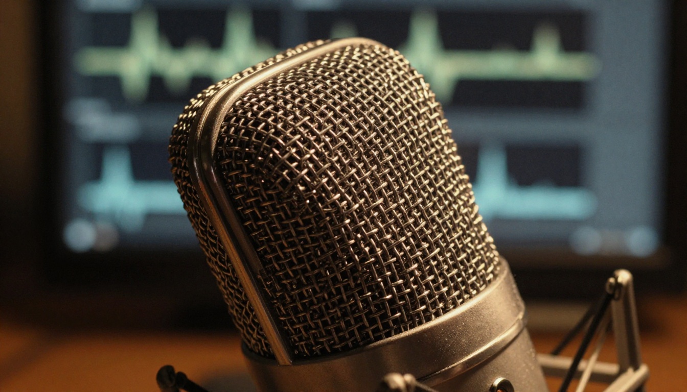 Studio microphone close-up with audio waveform visualization