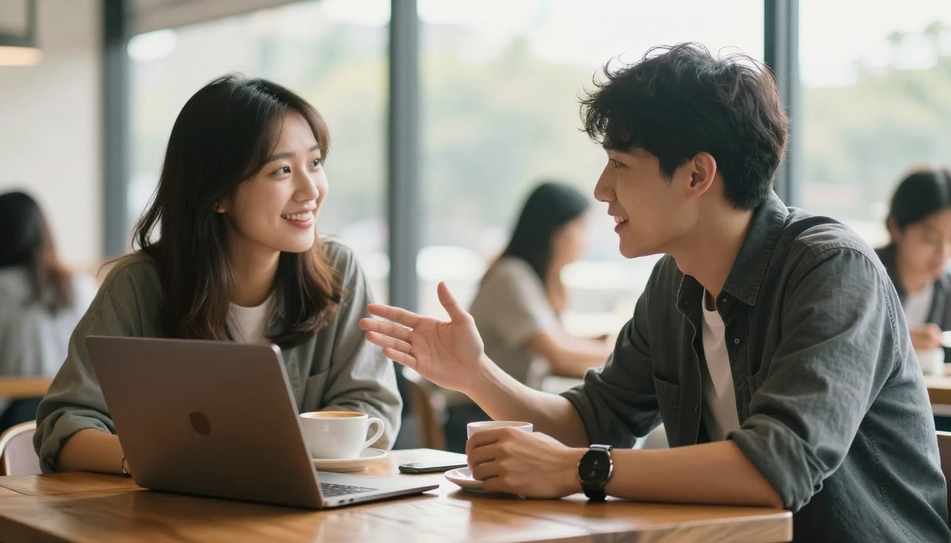 Two people in natural conversation at a sunlit cafe