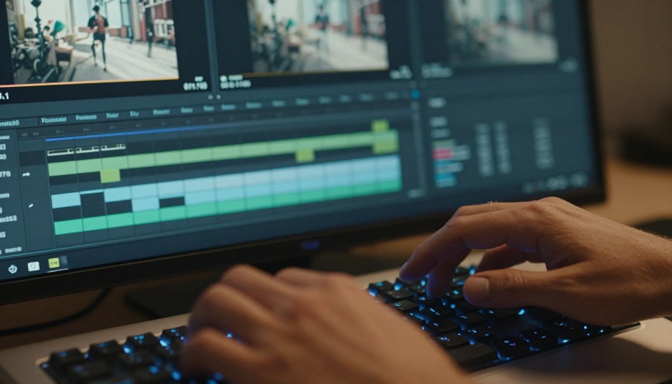 Video editor's hands navigating a video timeline on keyboard