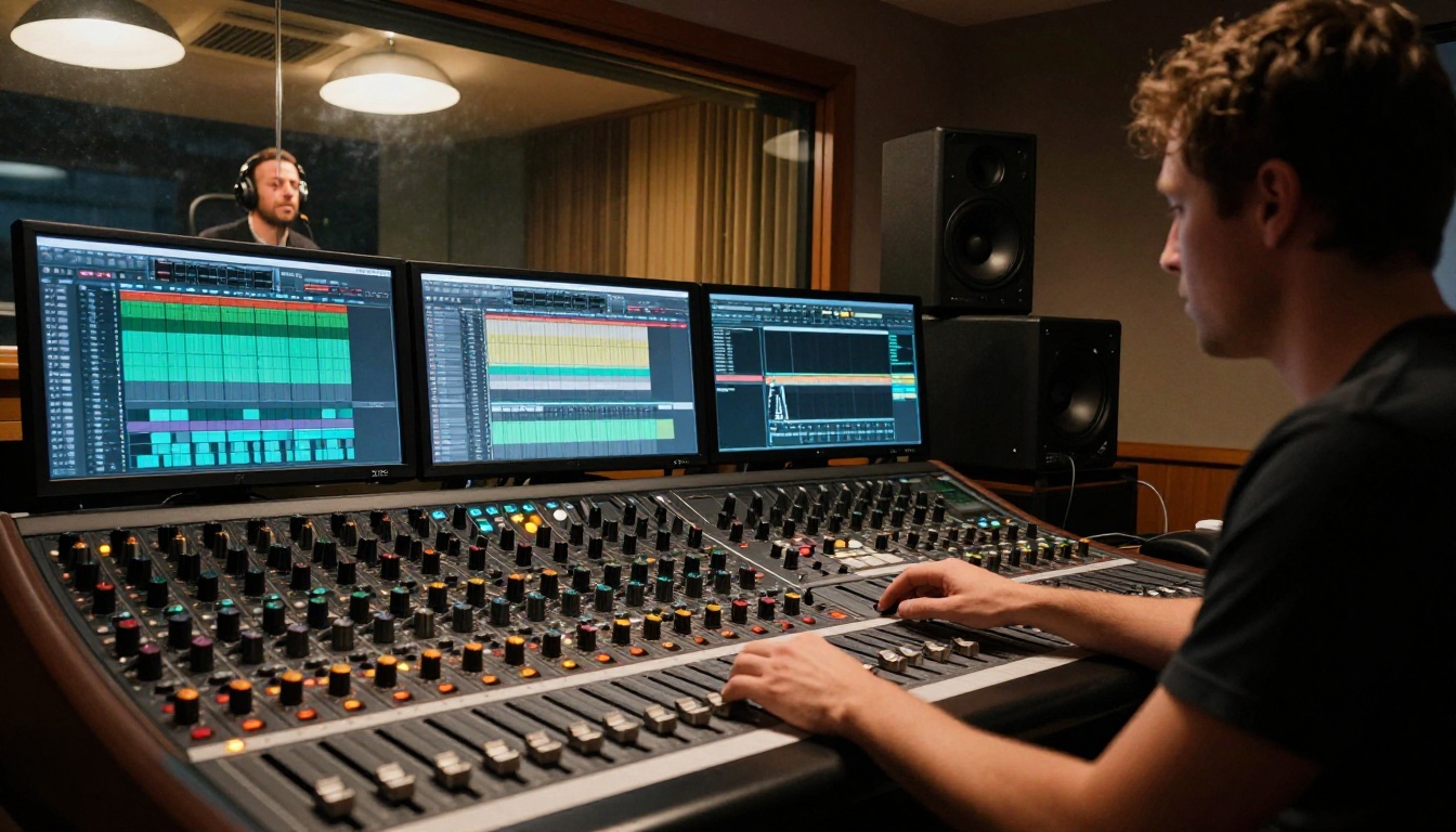 Audio engineer at mixing console in professional recording studio