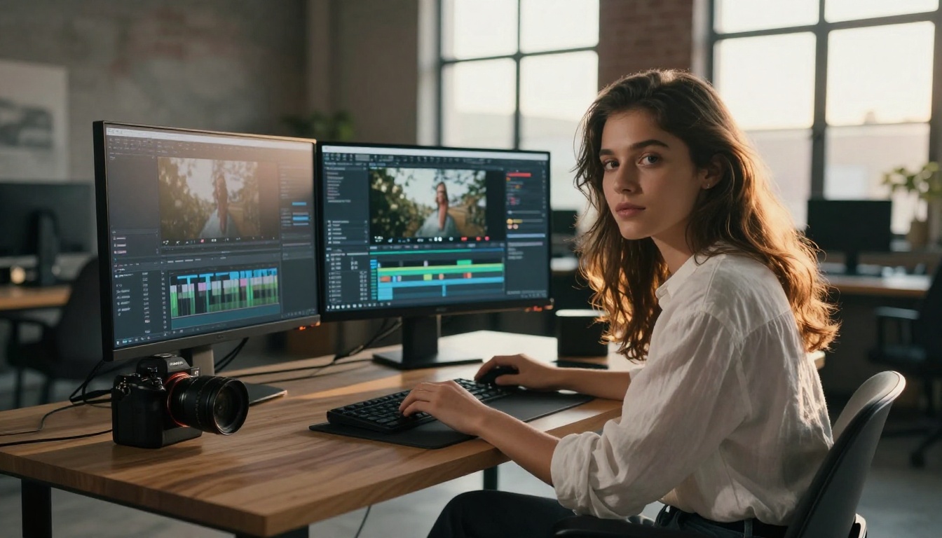 Female content creator at editing desk with video monitors in background