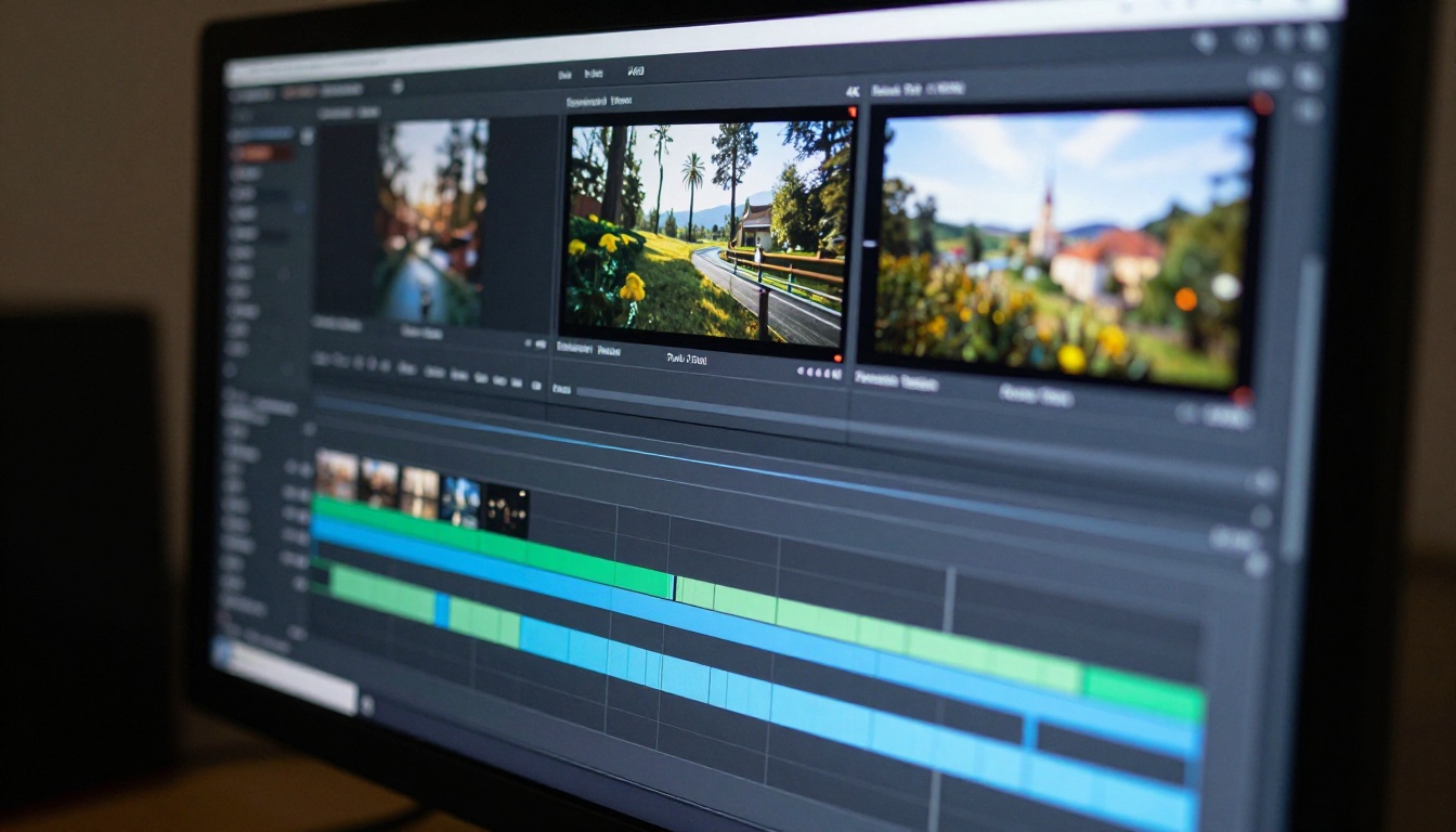 Close-up of professional 4K monitor showing video timeline with scene markers