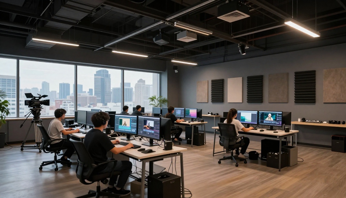 Wide shot of professional video production studio with multiple workstations