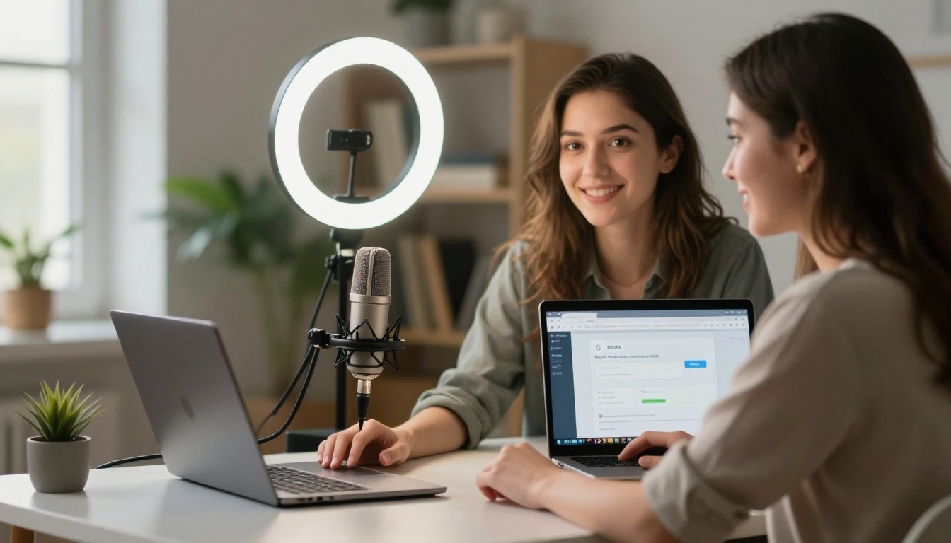 Content creator in home studio recording with microphone setup