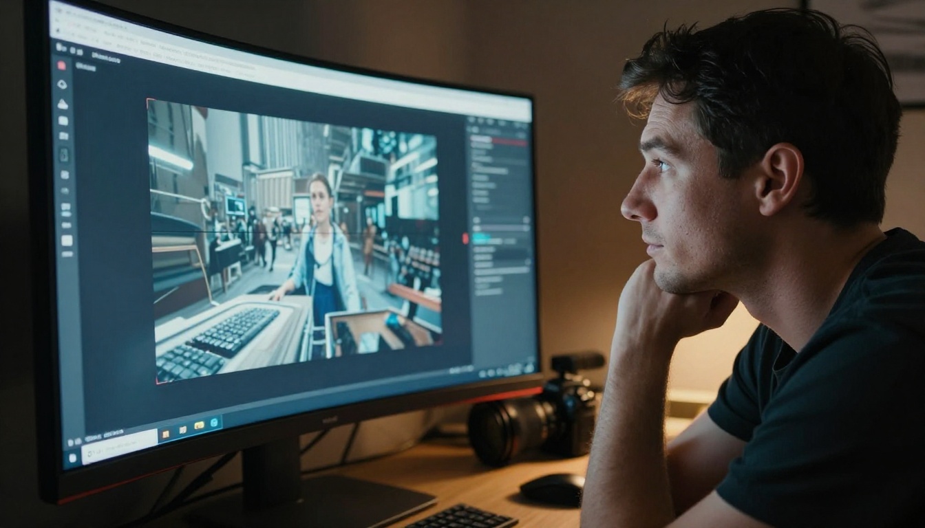 Male video producer reviewing AI video footage on curved monitor with split lighting