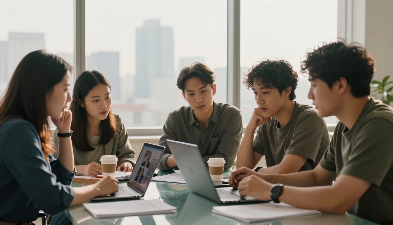 Marketing team reviewing AI video content together on laptop