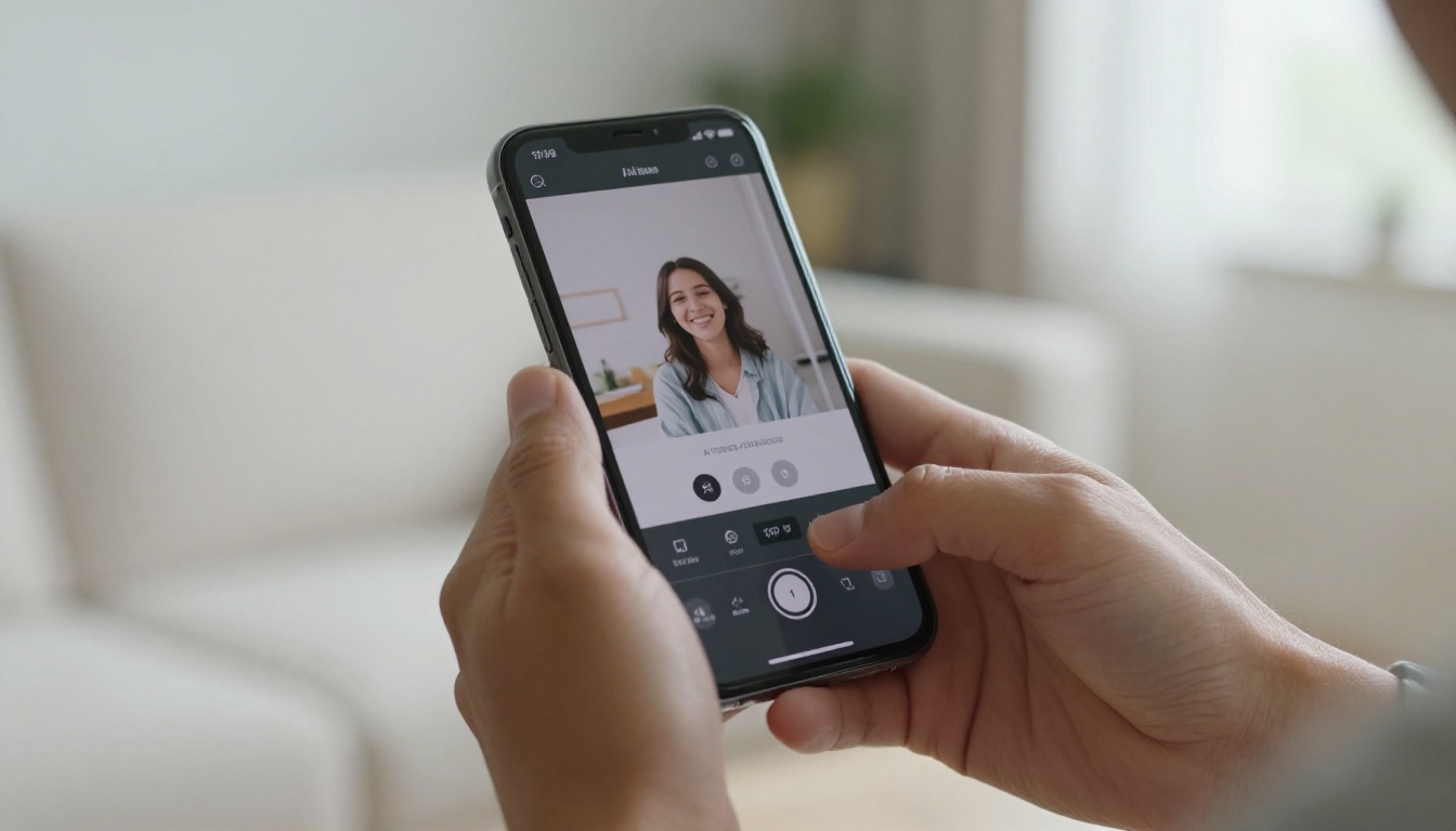 Hands holding smartphone with mobile video editing app interface