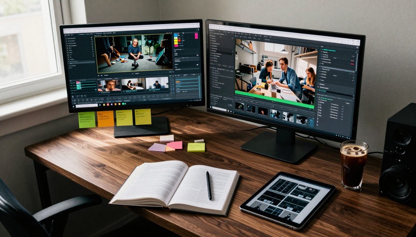 Aerial view of video production workspace with monitor, notebook, and coffee on dark walnut desk