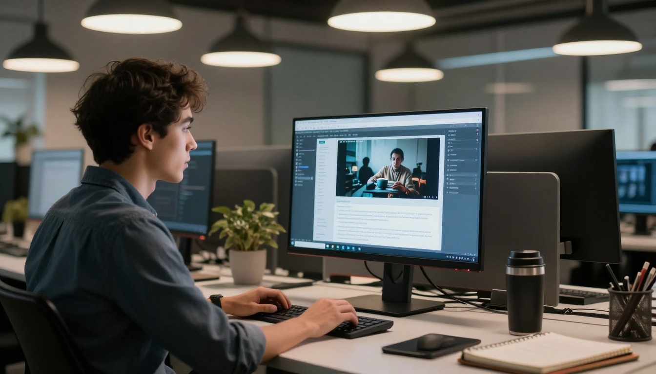 Developer using AI video generation interface at workstation