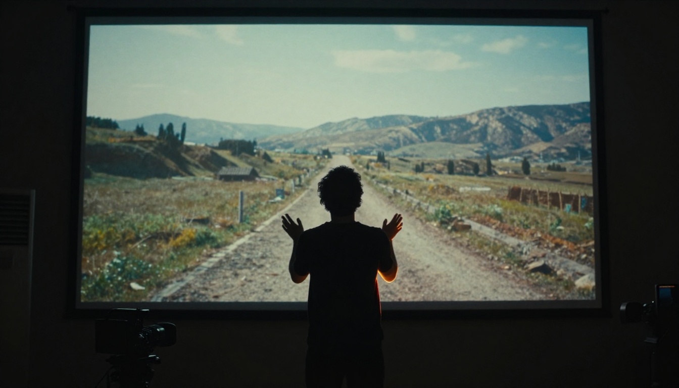 Low-angle filmmaker silhouette in front of large projection screen showing AI-extended video scene