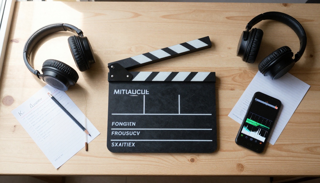 Filmmaker's production desk with clapperboard, headphones, and audio tools