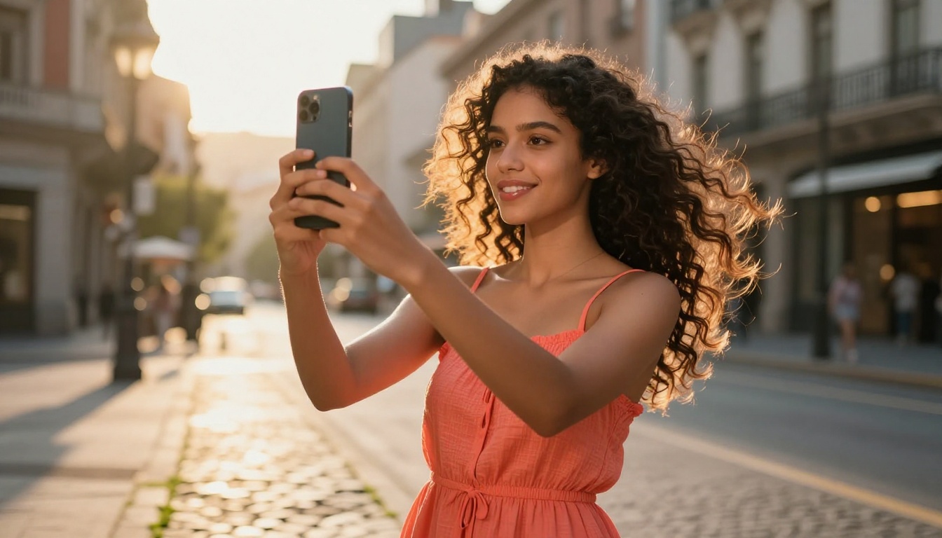 Content creator recording vertical video outdoors in a sunlit urban plaza