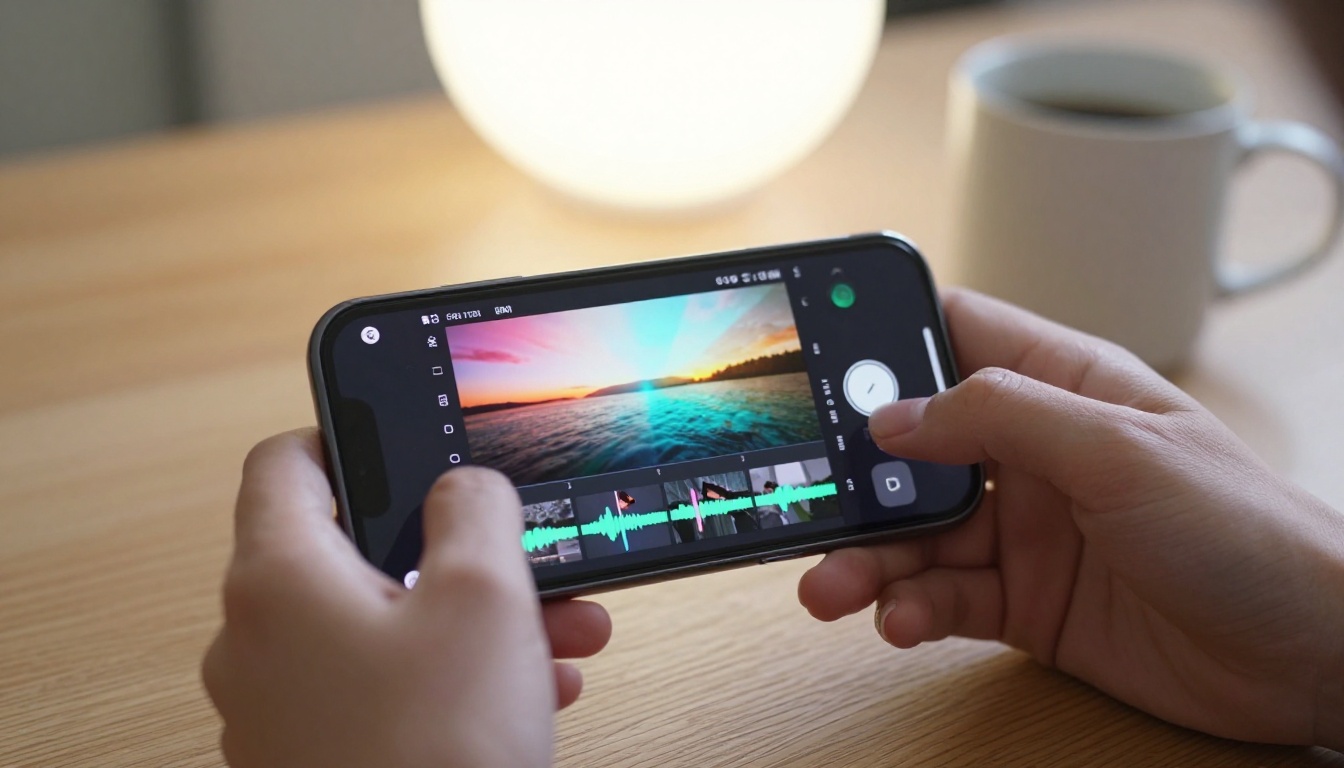 Close-up of hands holding smartphone displaying vertical video editing interface