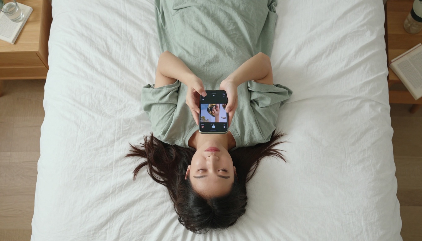 Young Asian woman lying in bed scrolling vertical video content on her smartphone