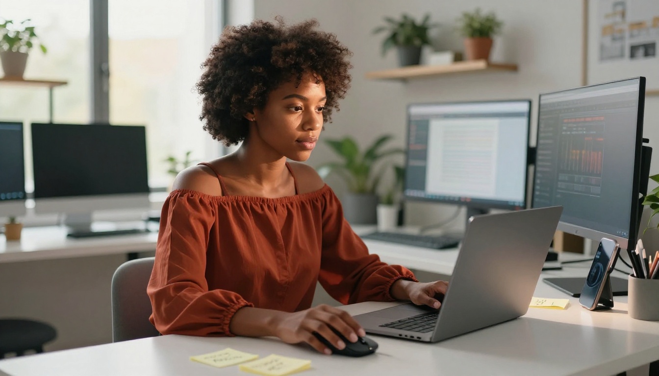 Young Black woman working at a home office desk with a phone stand beside her laptop
