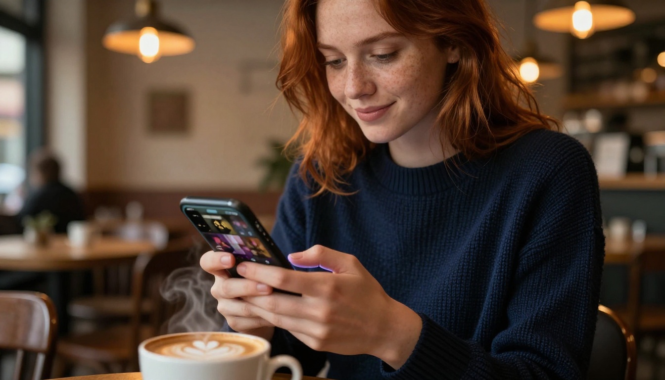 Woman with freckles and auburn hair watching vertical video content on her smartphone in a coffee shop