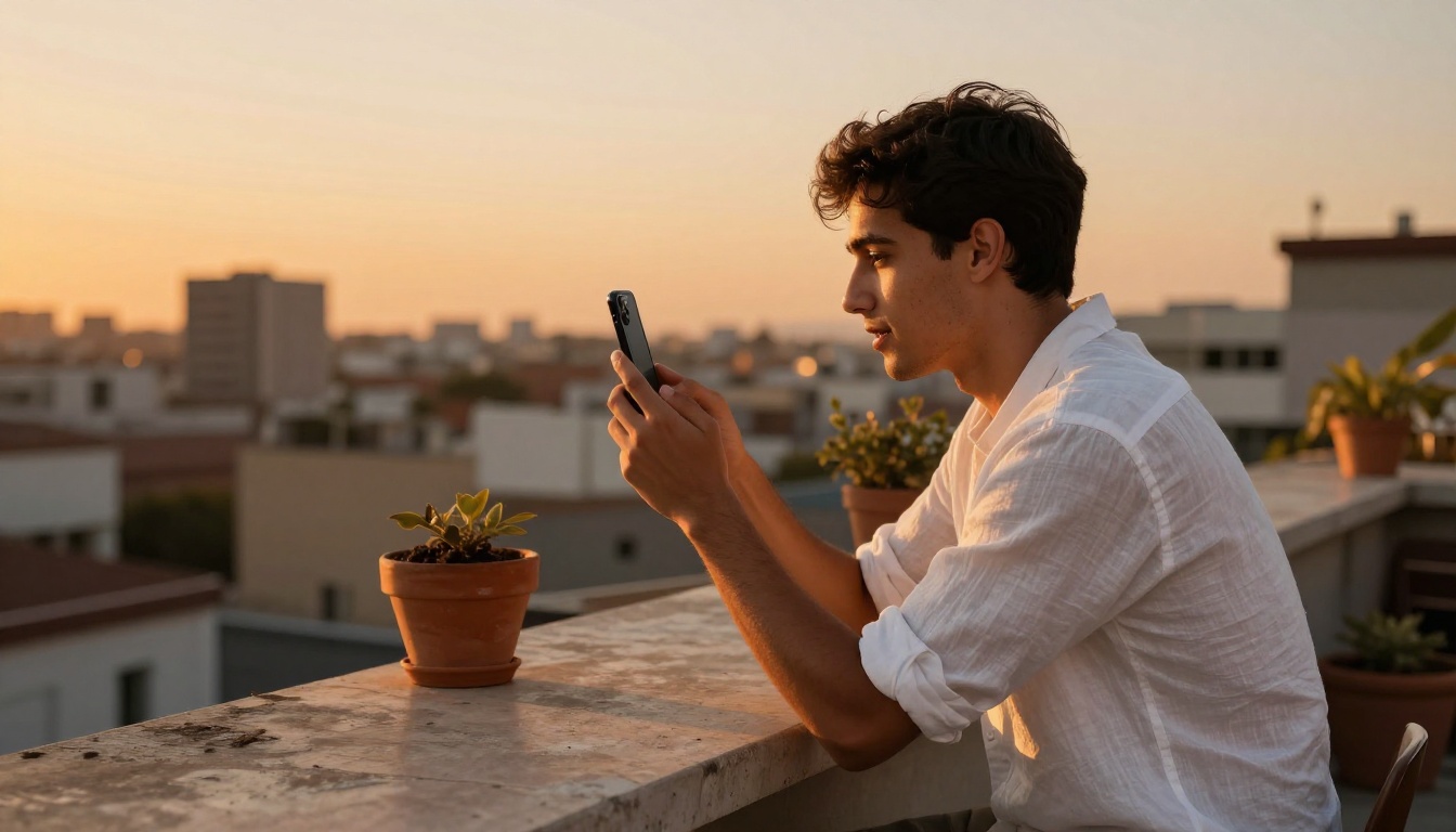 Young man recording a selfie-style video on his smartphone on a rooftop terrace at golden hour