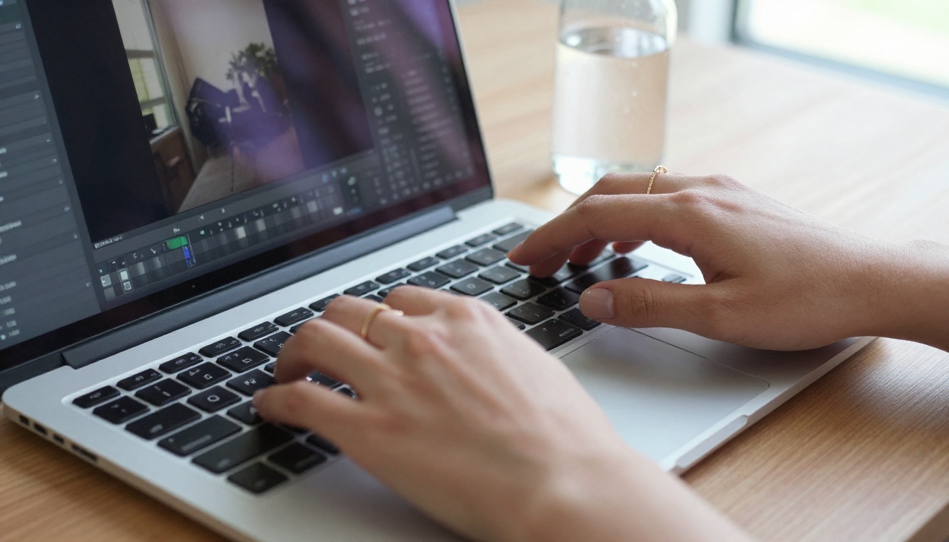 Close-up of woman's hands typing on a laptop with a vertical video generation interface on screen