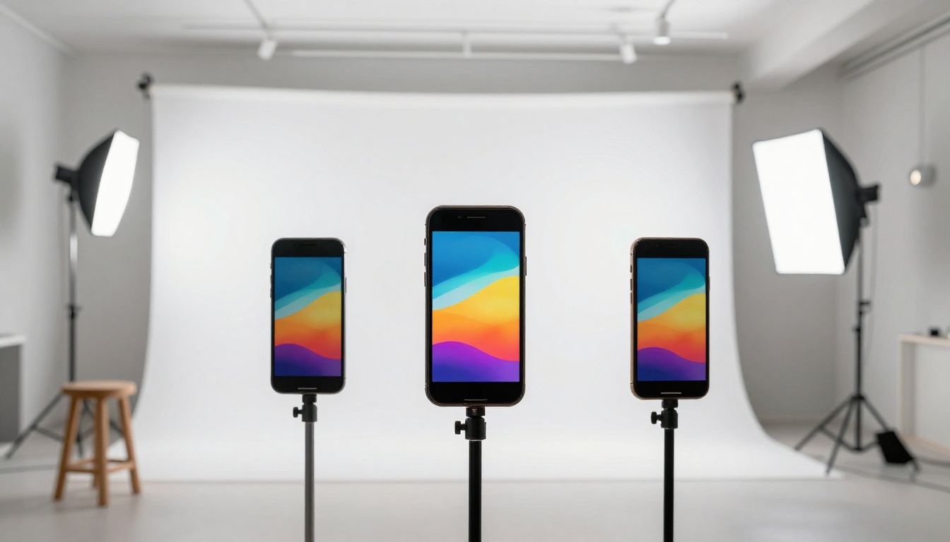 Bright minimalist content creator studio with three smartphones mounted on vertical tripod stands