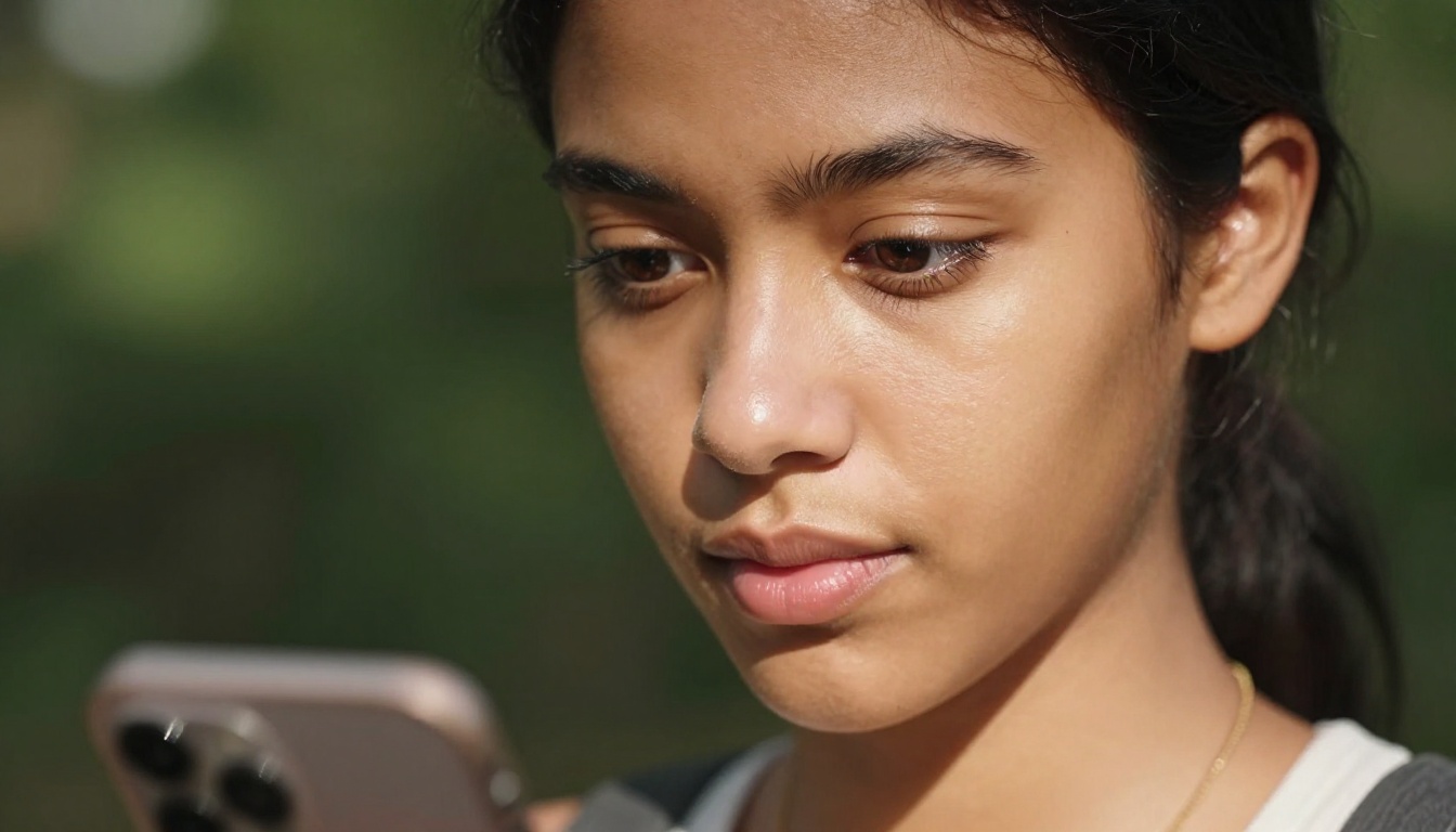 Close-up portrait of a young woman filming herself vertically with warm natural outdoor light