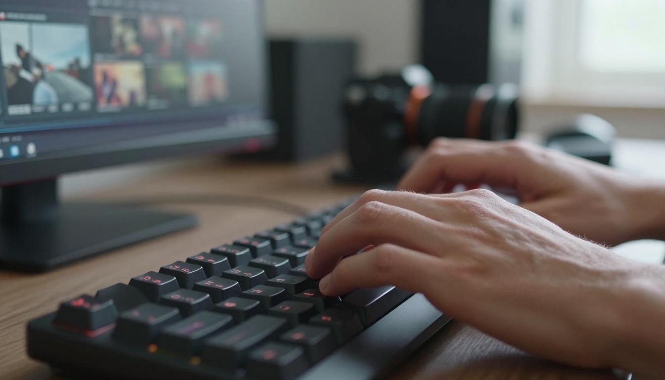 Filmmaker's hands crafting a detailed AI video prompt on keyboard