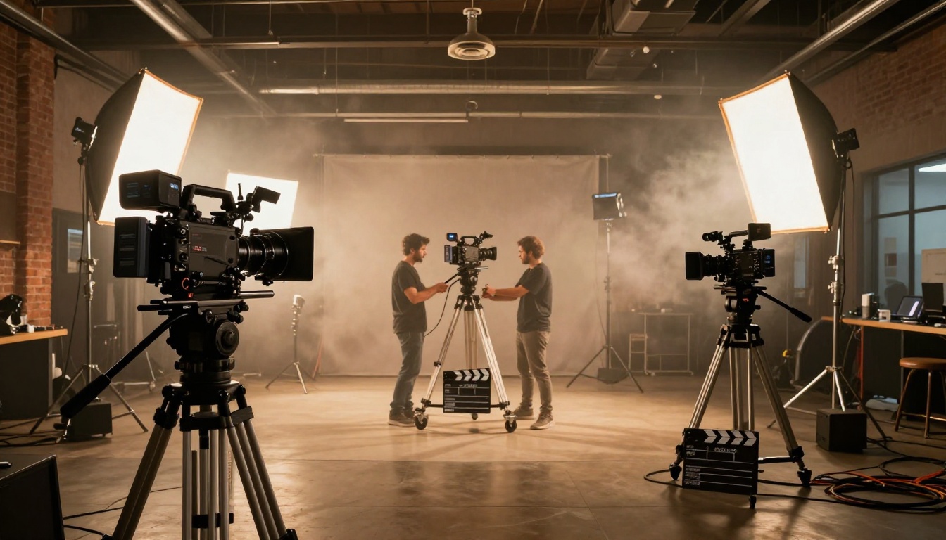 Professional film production set with cinema cameras and lighting rigs