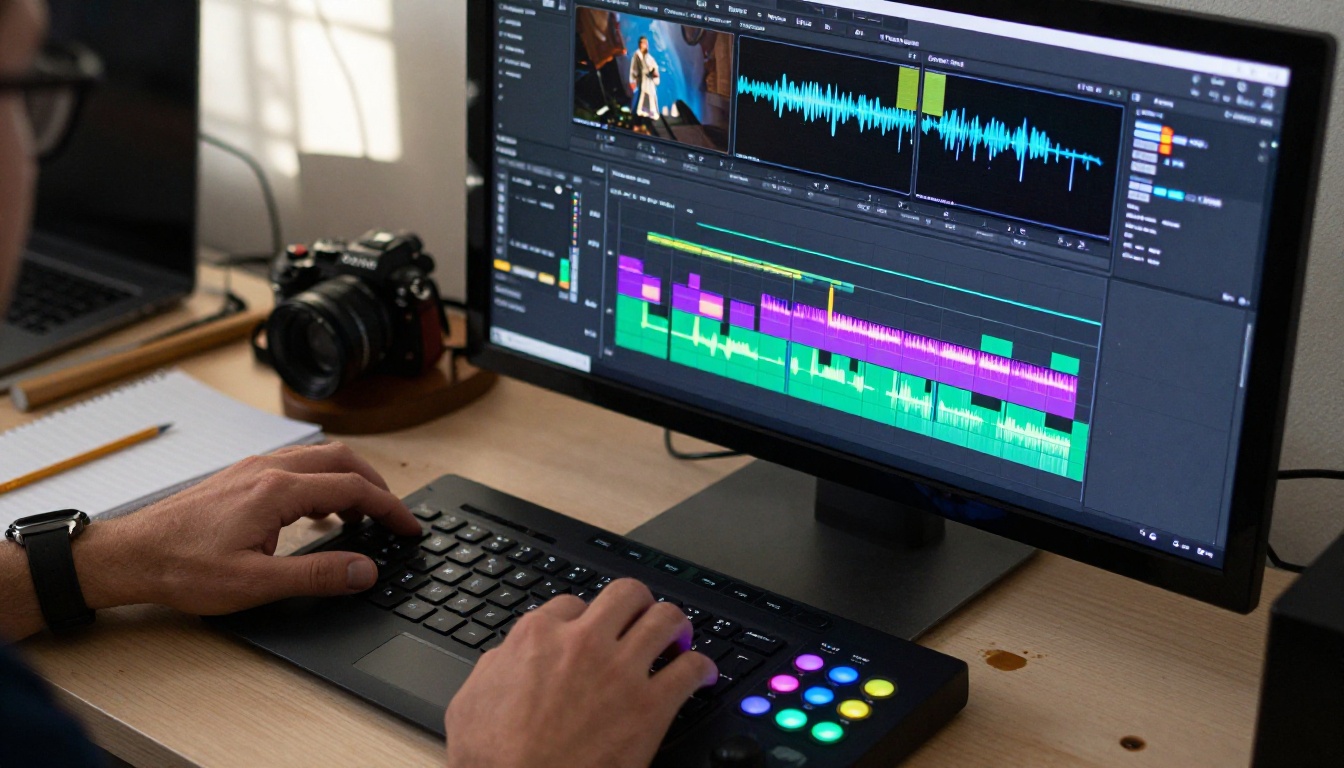 Professional video editing timeline on color grading workstation