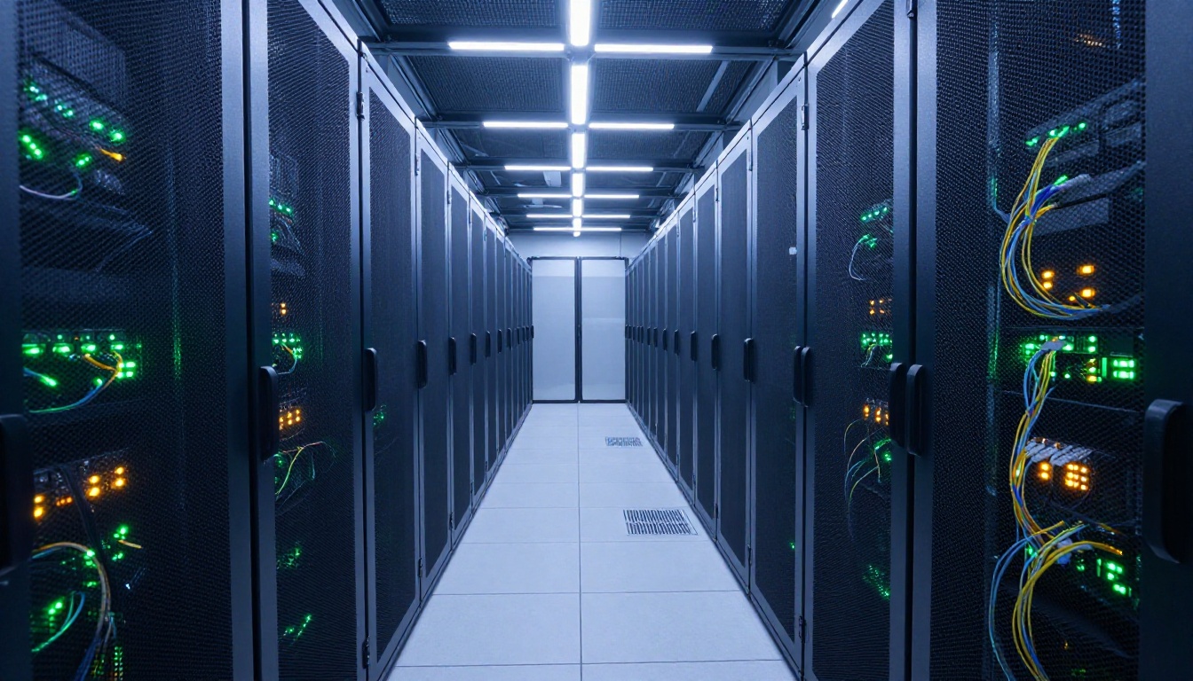 AI video infrastructure: data center corridor with server racks